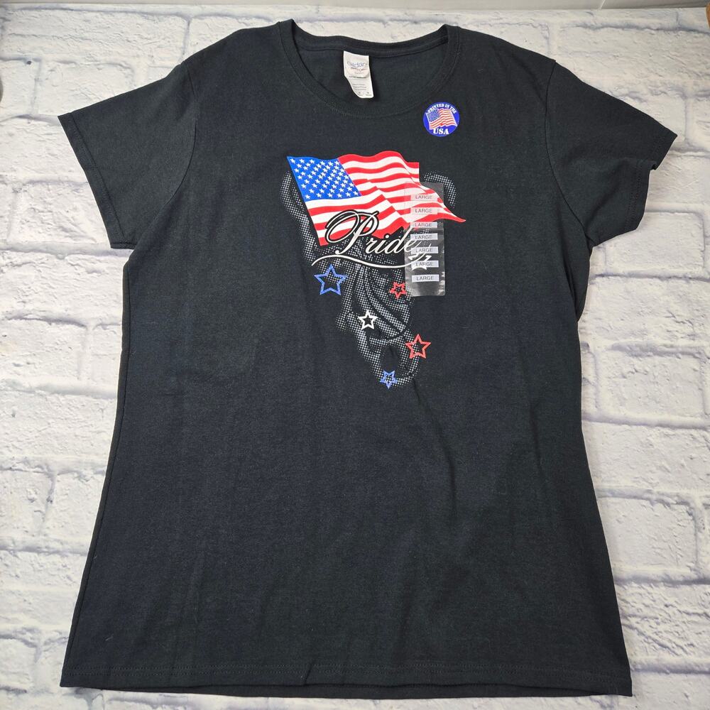 NWT Ladies T-shirt Patriotic Flag Pride Black printed in USA Gildan size Large